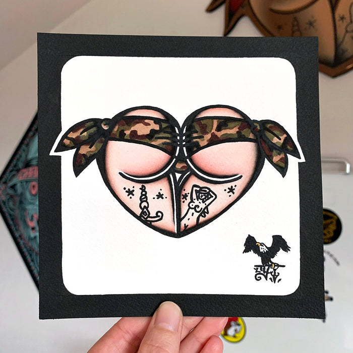 American traditional tattoo flash Woodland Camouflage Scrunch butt Bikini Booty Heart Watercolor Painting.