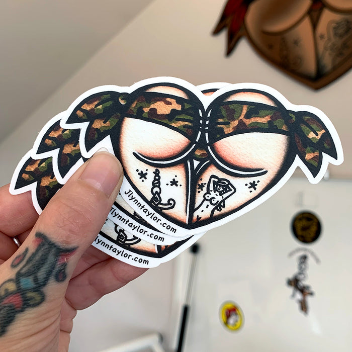 American traditional tattoo flash Woodland Camouflage Scrunch butt Booty Heart watercolor sticker.