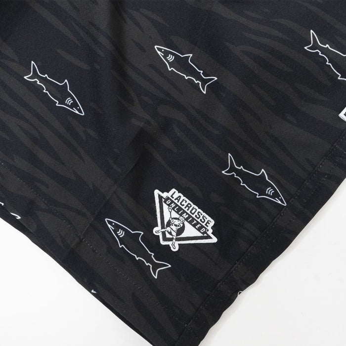 Shark Swim Dodge Lacrosse Shorts front leg logo zoomed in detail