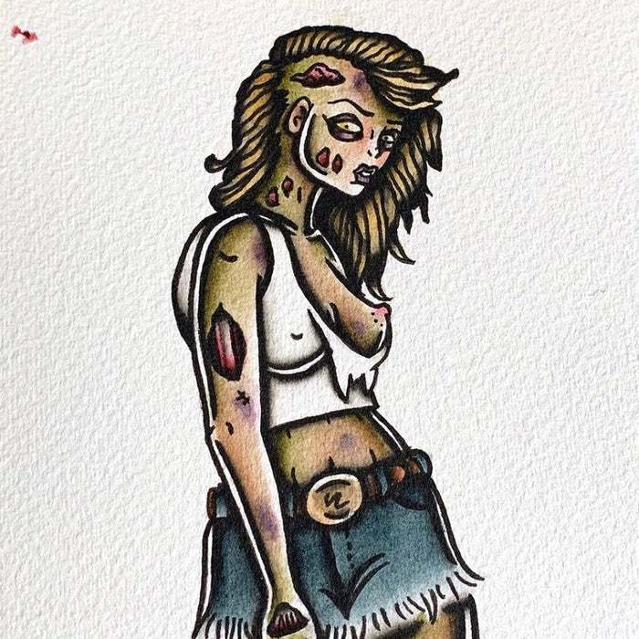 American Traditional tattoo flash sexy zombie pinup spitshade painting.