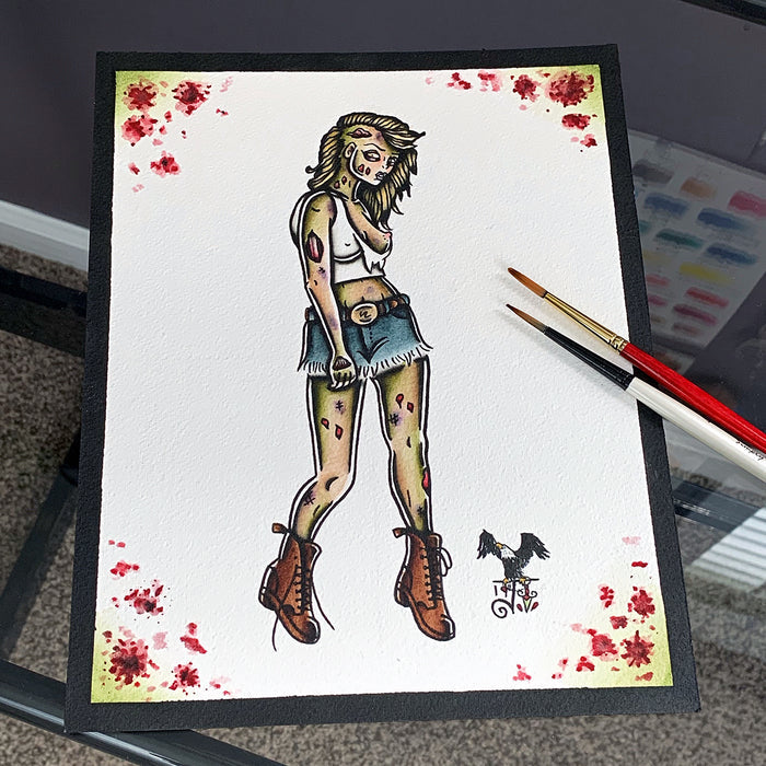 American Traditional tattoo flash sexy zombie pinup spitshade painting.