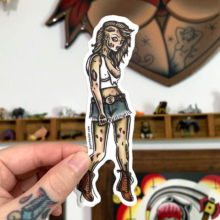 American traditional tattoo flash zombie pinup watercolor sticker.